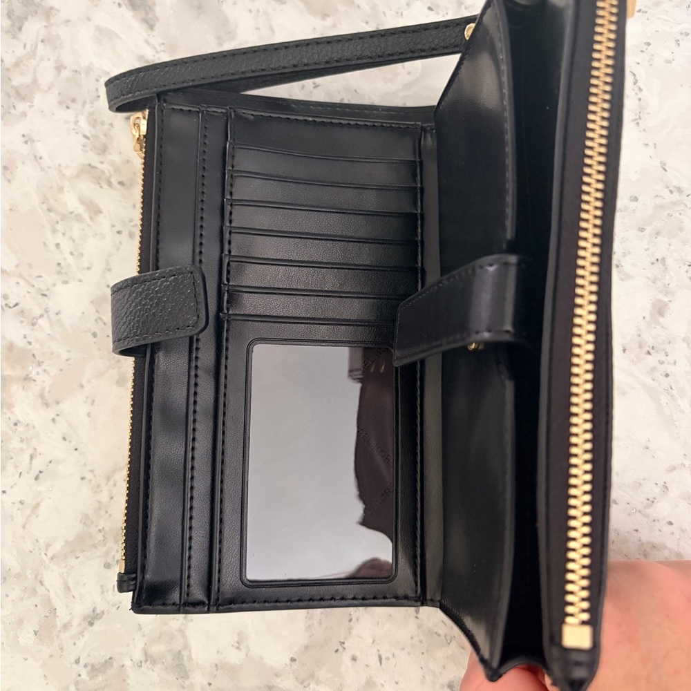 NWOT Michael Kors Black Leather Zip Wristlet with Gold Logo - Picture 3 of 9